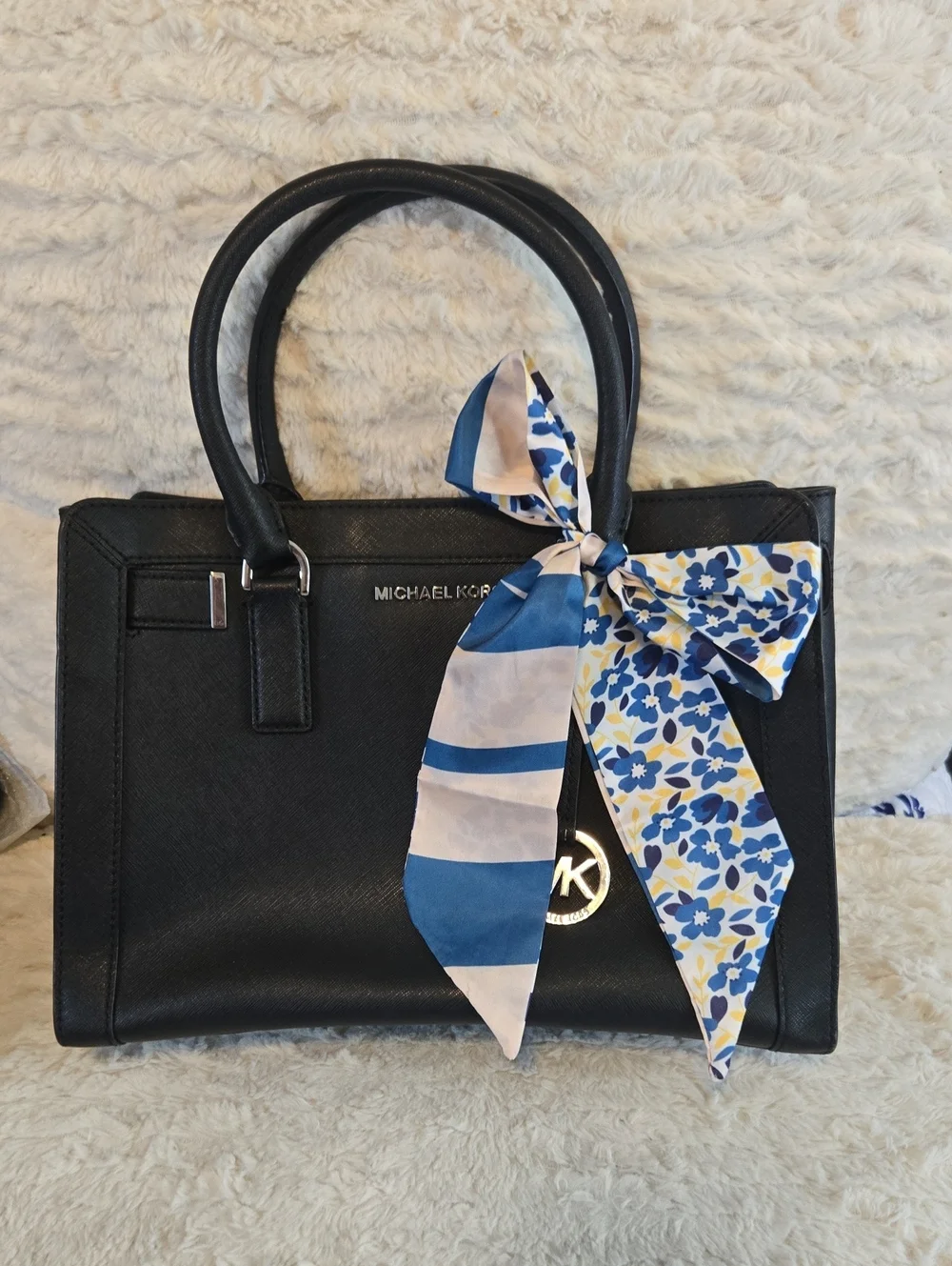 Michael Kors Black Saffiano Leather Satchel with Blue Floral Scarf EUC